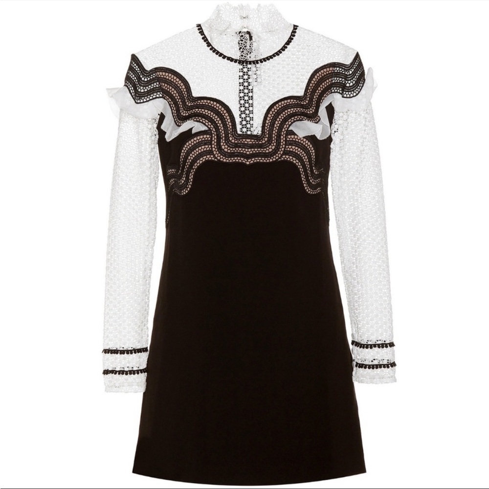 Self Portrait Black White Monochrome Wave Trim Lace Mini Dress 6